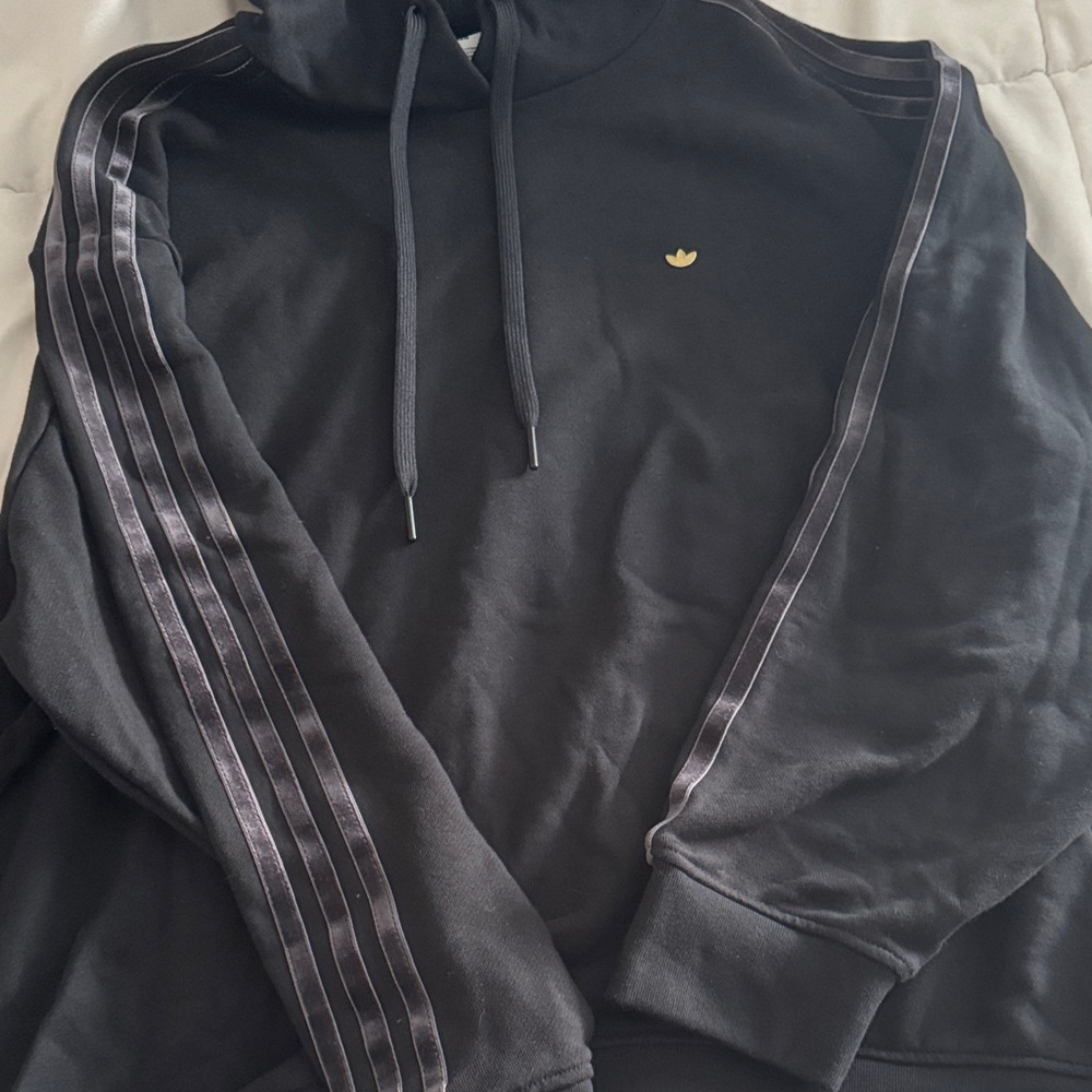 adidas Black Hoodie with Gold and Velvet Stripe Detailing